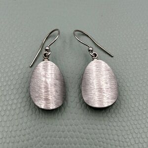 Textured Silver Tone and Wooden Teardrop Dangle Earrings Hooks